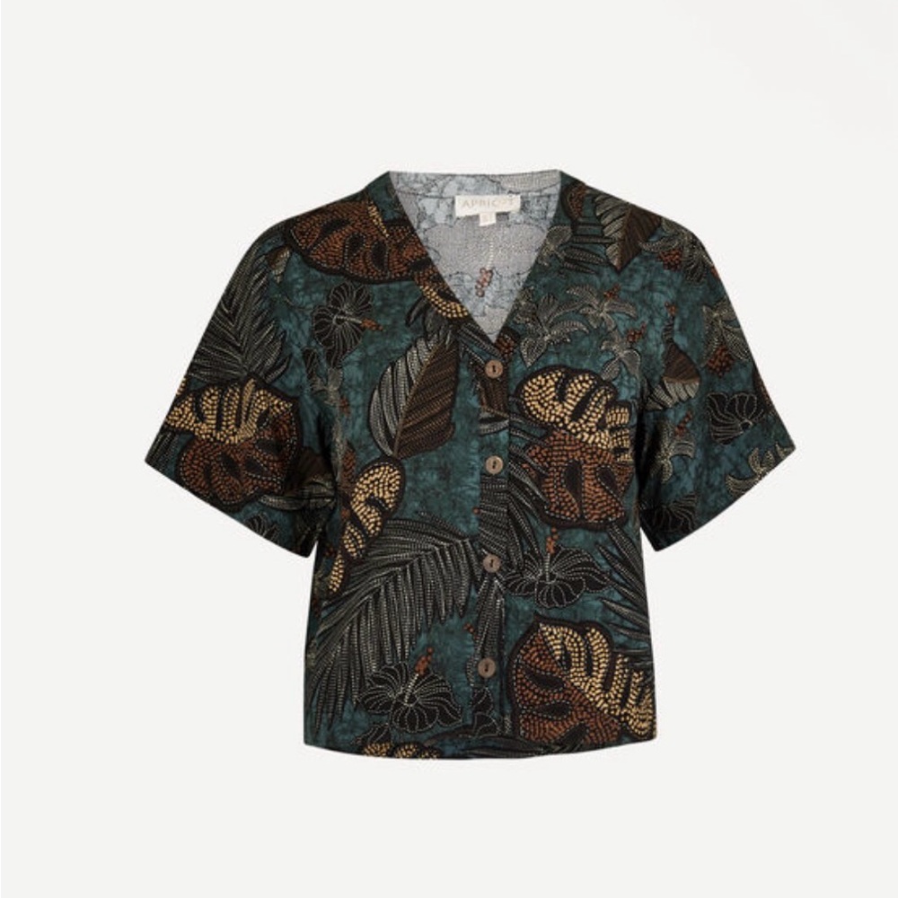 APRICOT 🍑- Tropical Leaf Print Button Front Top in Teal and Brown - Picture 5 of 8